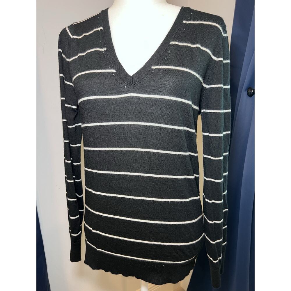 BANANA‎ REPUBLIC (M) Sweater-Black White-Merino Wool V-Neck-Office-Preppy-Soft